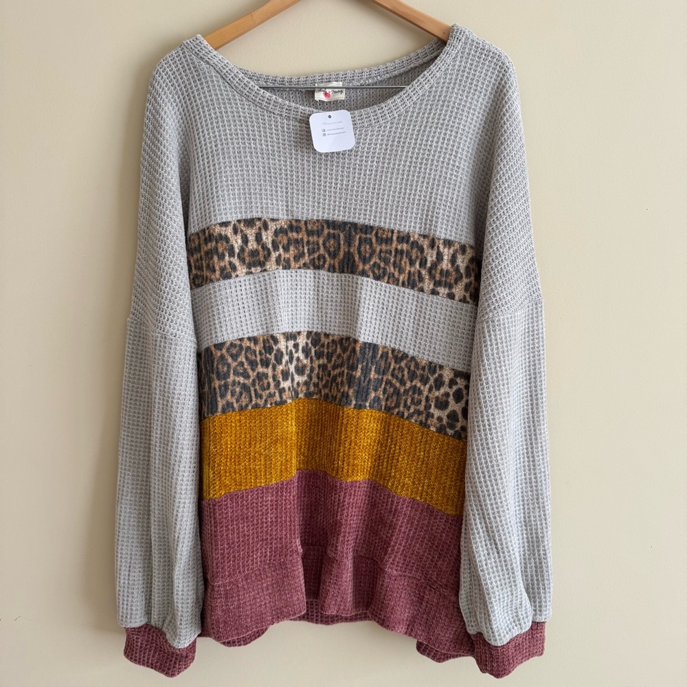 NWT Lovely Melody Colorblock Leopard Mixed Print Chunky Knit Sweater 1XL